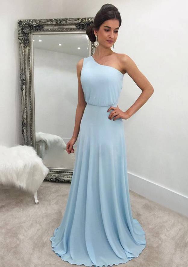 Sweep Train Chiffon Prom Dress, A-Line/Princess Cut, One-Shoulder, Sleeveless BM bride