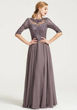 Long/Floor-Length Chiffon Dress with Beading Appliqued, Half Sleeve Bateau A-line BM bride