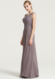 Floor-Length Chiffon Dress, Sheath/Column Shape, Scoop Neck, Sleeveless, With Pleats, Beading, And Appliqued BM bride