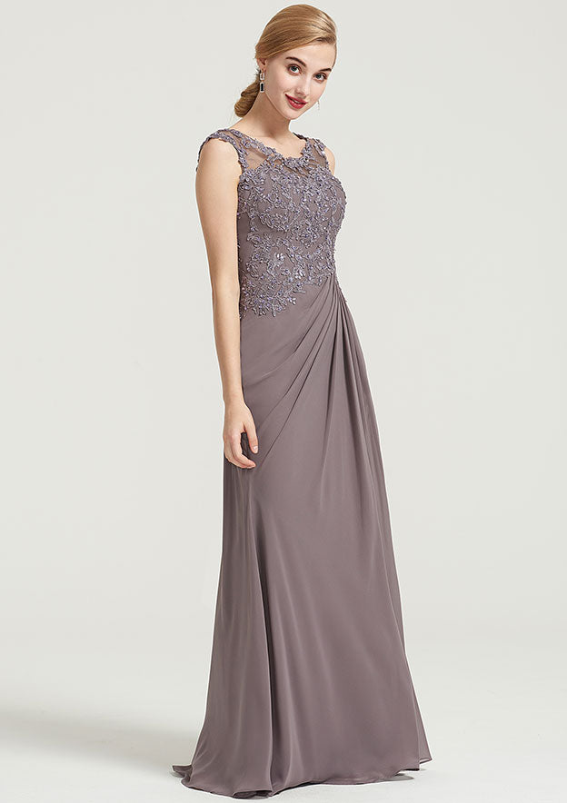 Floor-Length Chiffon Dress, Sheath/Column Shape, Scoop Neck, Sleeveless, With Pleats, Beading, And Appliqued BM bride