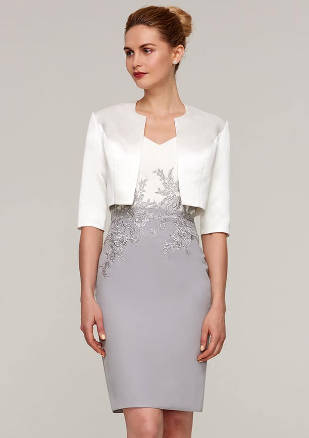 Knee-Length Chiffon Mother of the Bride Dress with Jacket Appliqued, Short Sleeve V Neck Sheath/Column BM bride