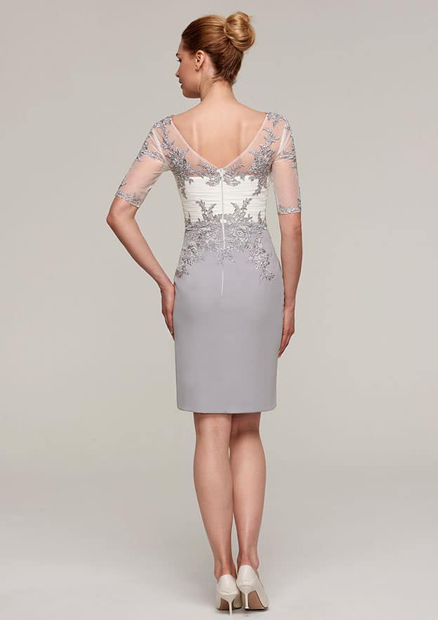 Knee-Length Chiffon Mother of the Bride Dress with Jacket Appliqued, Short Sleeve V Neck Sheath/Column BM bride