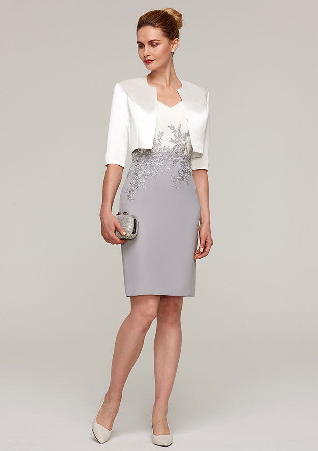 Knee-Length Chiffon Mother of the Bride Dress with Jacket Appliqued, Short Sleeve V Neck Sheath/Column BM bride