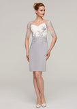 Knee-Length Chiffon Mother of the Bride Dress with Jacket Appliqued, Short Sleeve V Neck Sheath/Column BM bride