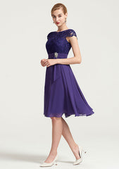 Knee-Length Chiffon Bridesmaid Dress, A-Line/Princess Style, Bateau Neck, Sleeveless, With Rhinestone Appliqued And Sashes