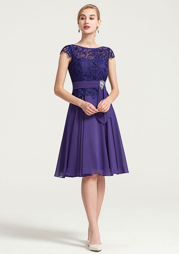 Knee-Length Chiffon Bridesmaid Dress, A-Line/Princess Style, Bateau Neck, Sleeveless, With Rhinestone Appliqued And Sashes