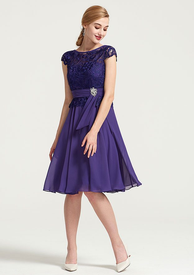 Knee-Length Chiffon Bridesmaid Dress, A-Line/Princess Style, Bateau Neck, Sleeveless, With Rhinestone Appliqued And Sashes