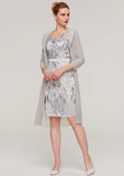 Knee-Length Chiffon Mother of the Bride Dress with Jacket Appliqued Waistband, 3/4 Sleeve V Neck Sheath/Column BM bride