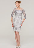 Knee-Length Chiffon Mother of the Bride Dress with Jacket Appliqued Waistband, 3/4 Sleeve V Neck Sheath/Column BM bride