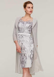 Knee-Length Chiffon Mother of the Bride Dress with Jacket Appliqued Waistband, 3/4 Sleeve V Neck Sheath/Column BM bride