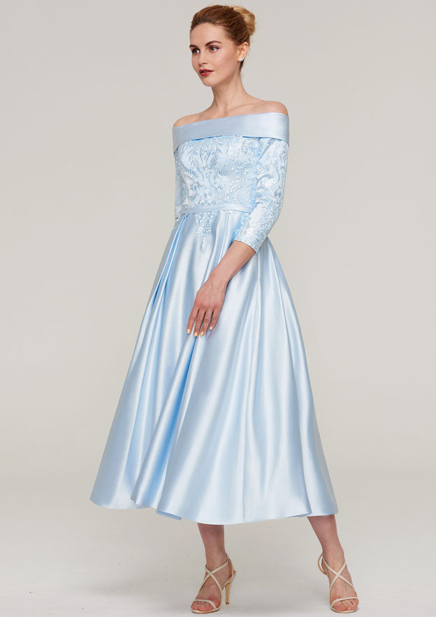 Tea-Length Satin Mother of the Bride Dress with Appliqued Sashes, 3/4 Sleeve Off-the-Shoulder A-line BM bride