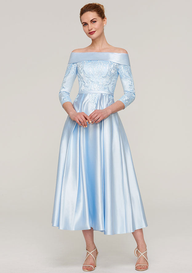 Tea-Length Satin Mother of the Bride Dress with Appliqued Sashes, 3/4 Sleeve Off-the-Shoulder A-line BM bride