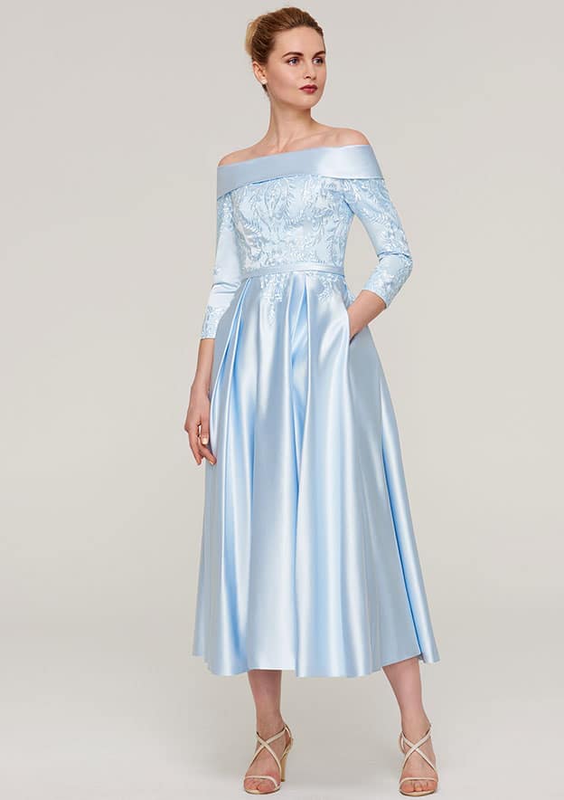 Tea-Length Satin Mother of the Bride Dress with Appliqued Sashes, 3/4 Sleeve Off-the-Shoulder A-line BM bride