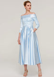 Tea-Length Satin Mother of the Bride Dress with Appliqued Sashes, 3/4 Sleeve Off-the-Shoulder A-line BM bride