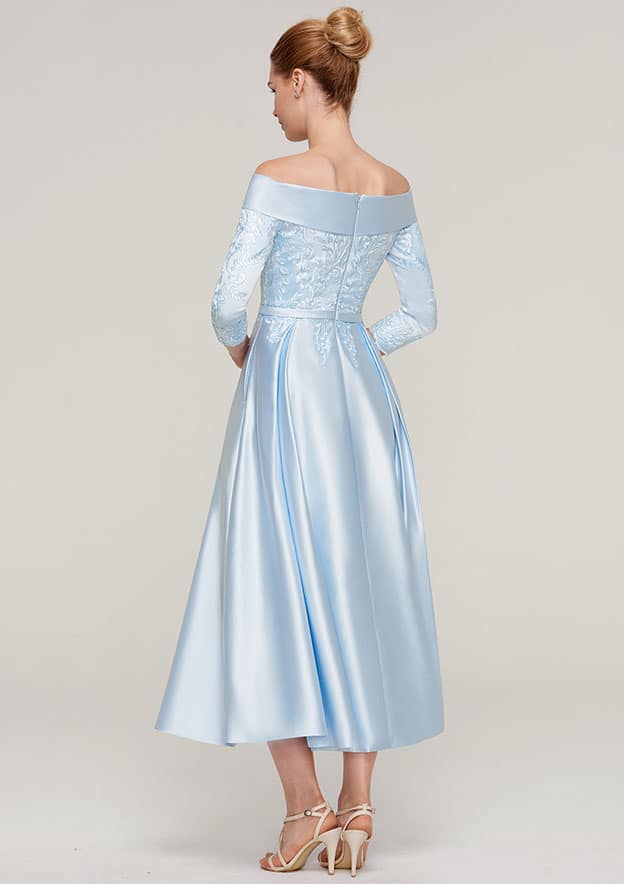 Tea-Length Satin Mother of the Bride Dress with Appliqued Sashes, 3/4 Sleeve Off-the-Shoulder A-line BM bride