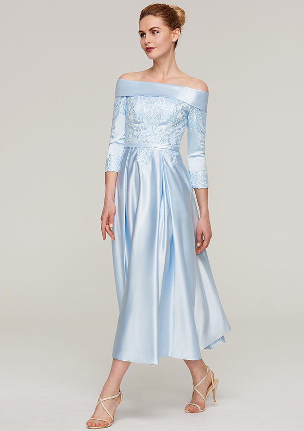 Tea-Length Satin Mother of the Bride Dress with Appliqued Sashes, 3/4 Sleeve Off-the-Shoulder A-line BM bride