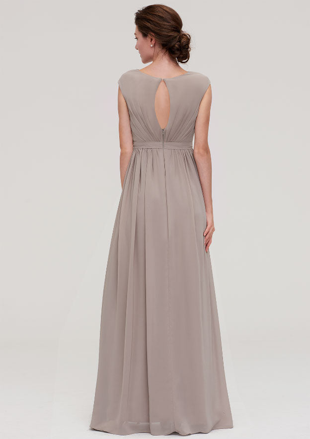 Floor-Length Chiffon Bridesmaid Dress, A-Line/Princess Shape, Bateau Neck, Sleeveless, With Pleats BM bride