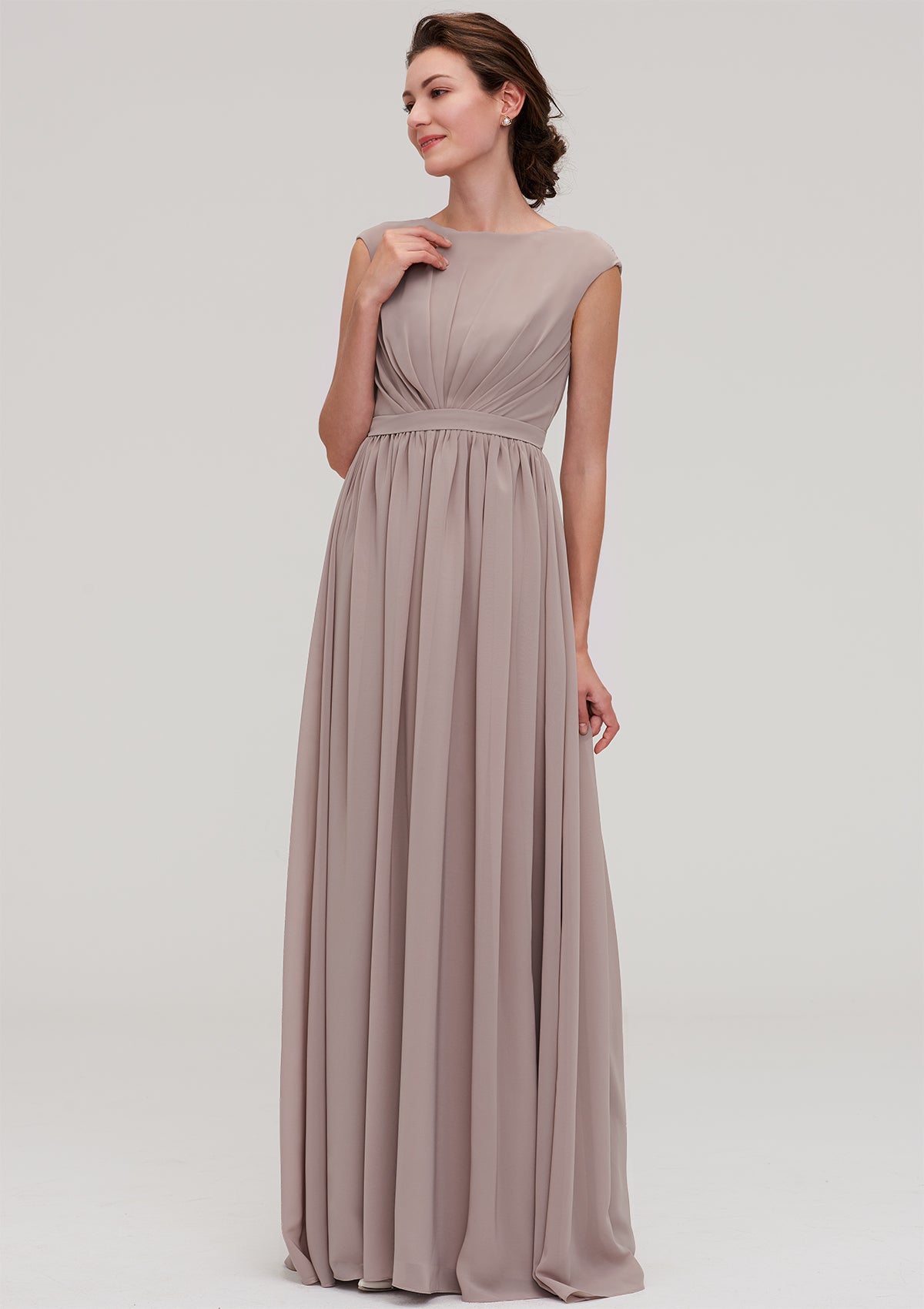 Floor-Length Chiffon Bridesmaid Dress, A-Line/Princess Shape, Bateau Neck, Sleeveless, With Pleats BM bride