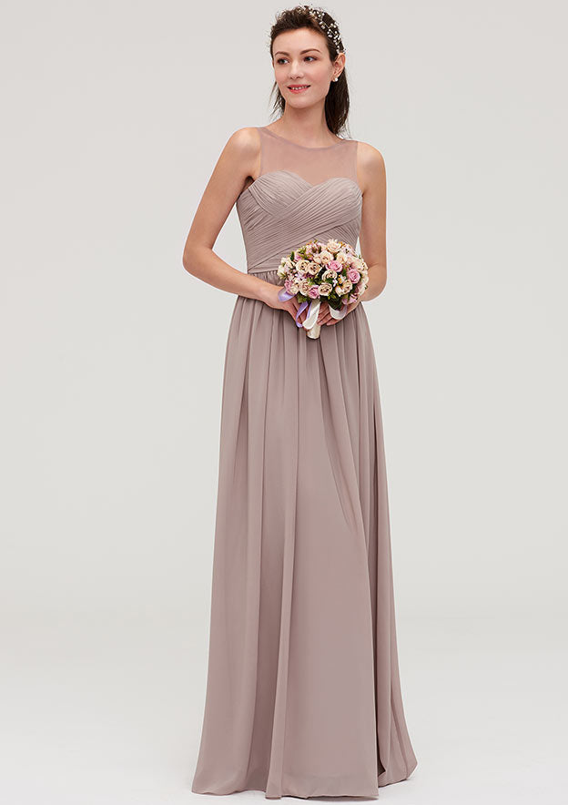 Floor-Length Chiffon Bridesmaid Dress, A-Line/Princess Shape, Bateau Neck, Sleeveless, With Sashes, Lace, And Pleats BM bride