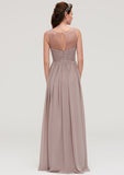 Floor-Length Chiffon Bridesmaid Dress, A-Line/Princess Shape, Bateau Neck, Sleeveless, With Sashes, Lace, And Pleats BM bride