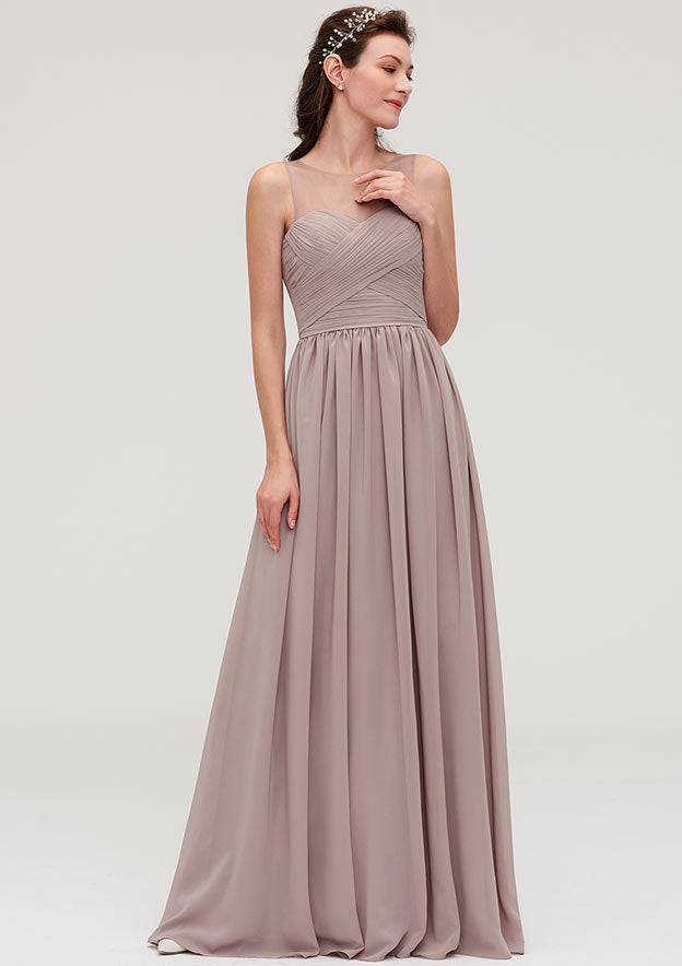 Floor-Length Chiffon Bridesmaid Dress, A-Line/Princess Shape, Bateau Neck, Sleeveless, With Sashes, Lace, And Pleats BM bride