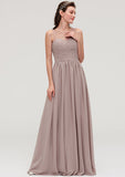 Floor-Length Chiffon Bridesmaid Dress, A-Line/Princess Shape, Bateau Neck, Sleeveless, With Sashes, Lace, And Pleats BM bride