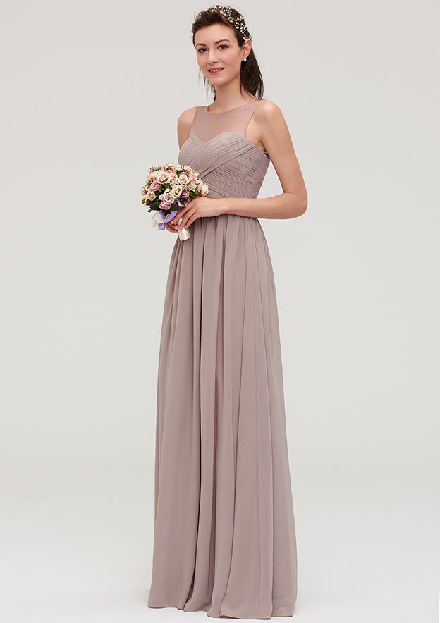 Floor-Length Chiffon Bridesmaid Dress, A-Line/Princess Shape, Bateau Neck, Sleeveless, With Sashes, Lace, And Pleats BM bride