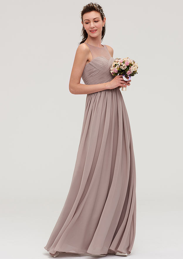 Floor-Length Chiffon Bridesmaid Dress, A-Line/Princess Shape, Bateau Neck, Sleeveless, With Sashes, Lace, And Pleats BM bride