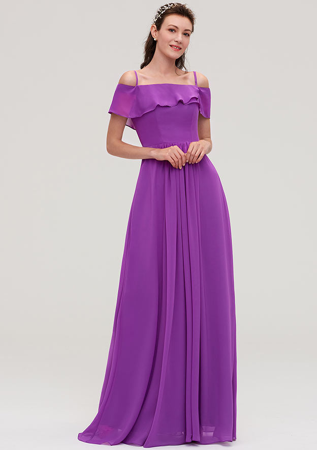 Floor-Length Chiffon Bridesmaid Dress, A-Line/Princess Style, Off-The-Shoulder, Sleeveless, With Ruffles BM bride