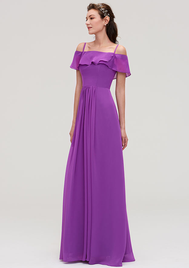 Floor-Length Chiffon Bridesmaid Dress, A-Line/Princess Style, Off-The-Shoulder, Sleeveless, With Ruffles BM bride