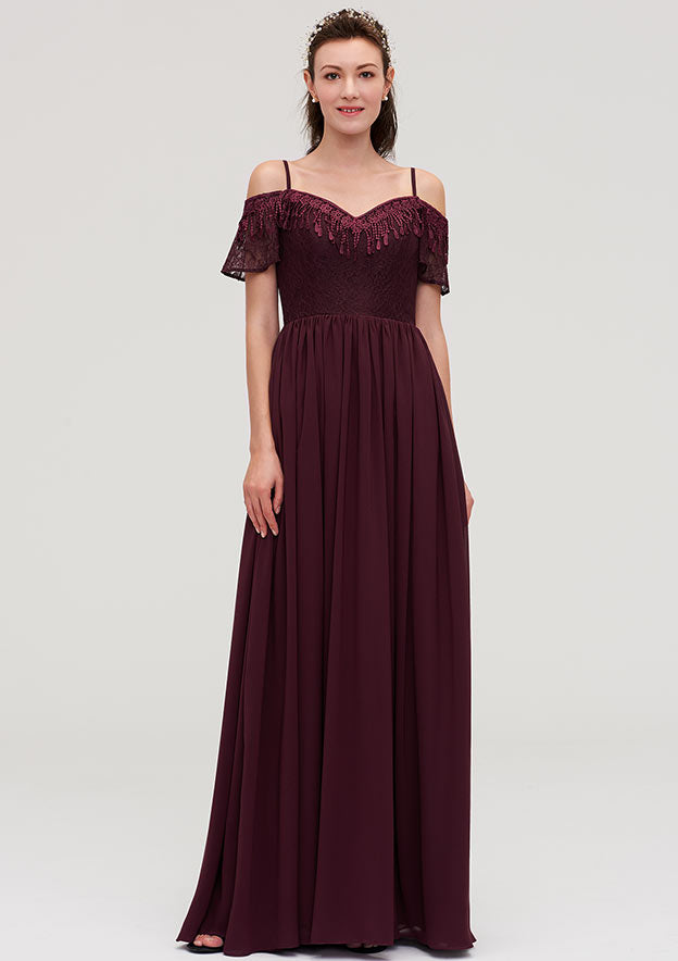 Floor-Length Chiffon Bridesmaid Dress, A-Line/Princess Style, Off-The-Shoulder, Sleeveless, With Lace BM bride