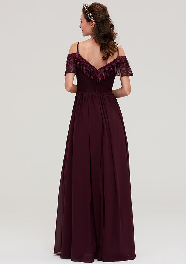 Floor-Length Chiffon Bridesmaid Dress, A-Line/Princess Style, Off-The-Shoulder, Sleeveless, With Lace BM bride