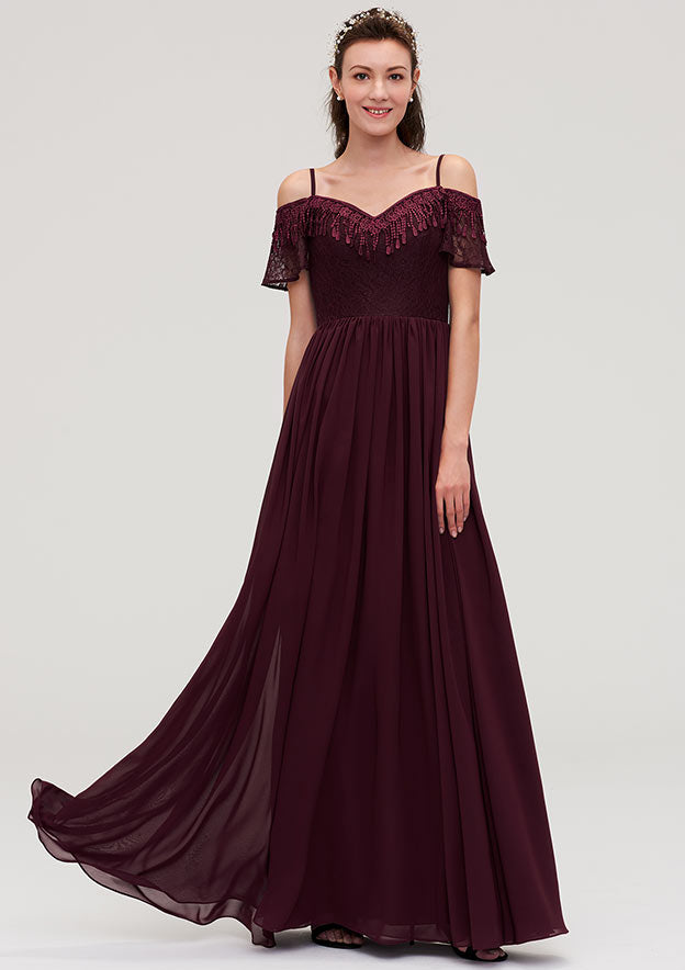 Floor-Length Chiffon Bridesmaid Dress, A-Line/Princess Style, Off-The-Shoulder, Sleeveless, With Lace BM bride