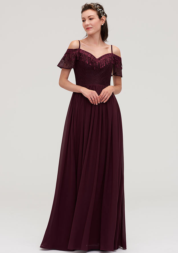 Floor-Length Chiffon Bridesmaid Dress, A-Line/Princess Style, Off-The-Shoulder, Sleeveless, With Lace BM bride