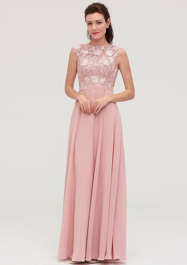 A-Line/Princess Floor-Length Sleeveless Chiffon Bridesmaid Dress, Bateau Neck With Sashes And Appliqued BM bride