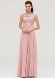 A-Line/Princess Floor-Length Sleeveless Chiffon Bridesmaid Dress, Bateau Neck With Sashes And Appliqued BM bride