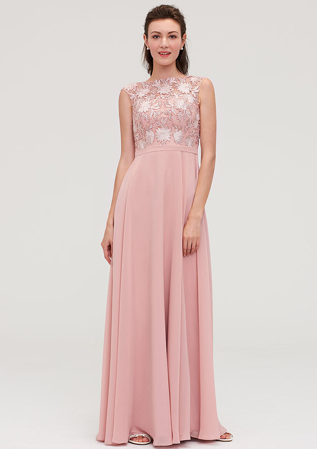 A-Line/Princess Floor-Length Sleeveless Chiffon Bridesmaid Dress, Bateau Neck With Sashes And Appliqued BM bride