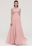 A-Line/Princess Floor-Length Sleeveless Chiffon Bridesmaid Dress, Bateau Neck With Sashes And Appliqued BM bride