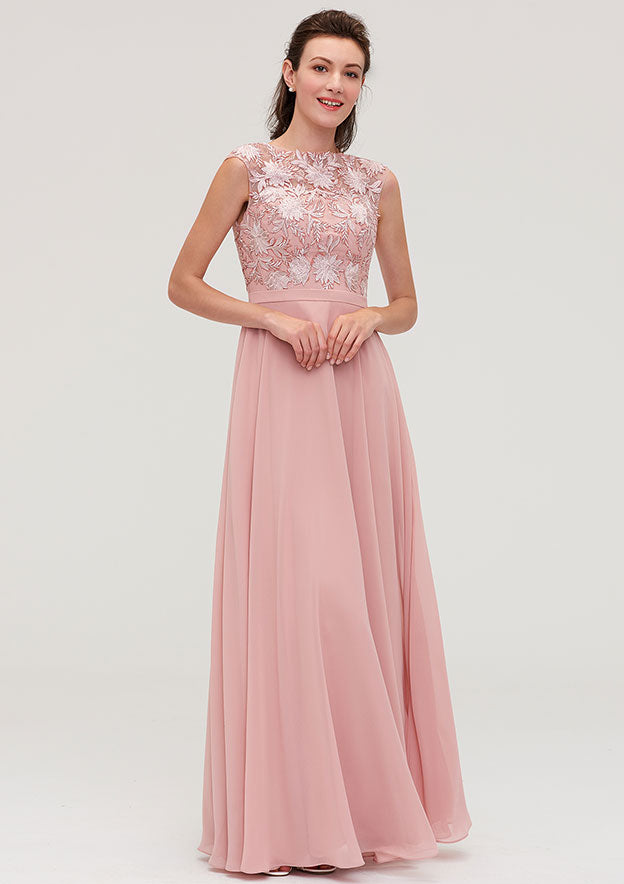 A-Line/Princess Floor-Length Sleeveless Chiffon Bridesmaid Dress, Bateau Neck With Sashes And Appliqued BM bride