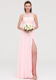 A-Line/Princess Floor-Length Sleeveless Chiffon Bridesmaid Dress, Scoop Neck With Lace And Split BM bride