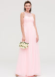 A-Line/Princess Floor-Length Sleeveless Chiffon Bridesmaid Dress, Scoop Neck With Lace And Split BM bride