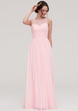 A-Line/Princess Floor-Length Sleeveless Chiffon Bridesmaid Dress, Bateau Neck With Lace And Pleats BM bride