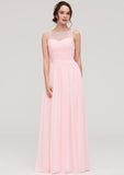 A-Line/Princess Floor-Length Sleeveless Chiffon Bridesmaid Dress, Bateau Neck With Lace And Pleats BM bride