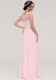 A-Line/Princess Floor-Length Sleeveless Chiffon Bridesmaid Dress, Bateau Neck With Lace And Pleats BM bride