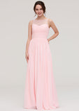 A-Line/Princess Floor-Length Sleeveless Chiffon Bridesmaid Dress, Bateau Neck With Lace And Pleats BM bride