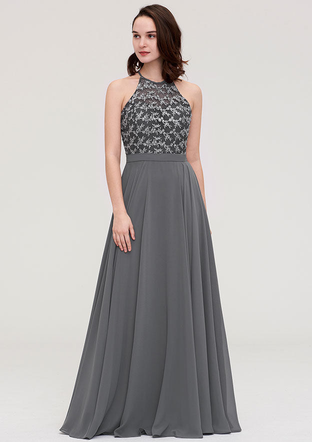 Floor-Length Chiffon Bridesmaid Dress, A-Line/Princess Cut, Halter Neck, Sleeveless, With Appliqued BM bride