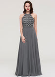 Floor-Length Chiffon Bridesmaid Dress, A-Line/Princess Cut, Halter Neck, Sleeveless, With Appliqued BM bride