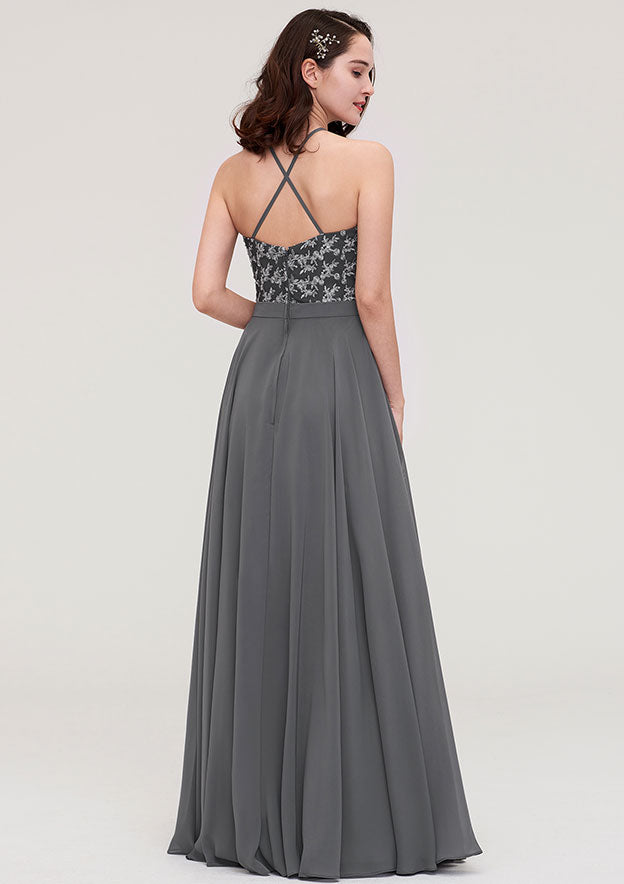 Floor-Length Chiffon Bridesmaid Dress, A-Line/Princess Cut, Halter Neck, Sleeveless, With Appliqued BM bride