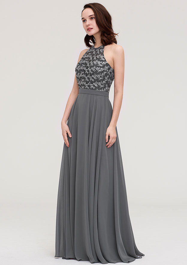 Floor-Length Chiffon Bridesmaid Dress, A-Line/Princess Cut, Halter Neck, Sleeveless, With Appliqued BM bride