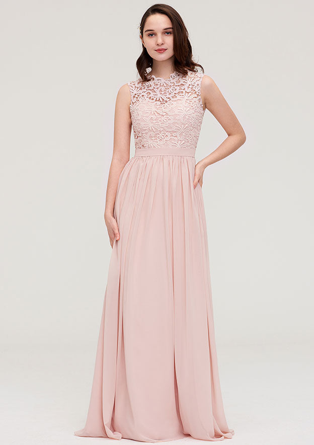 Floor-Length Chiffon Bridesmaid Dress, A-Line/Princess Shape, Scalloped Neck, Sleeveless, With Lace BM bride